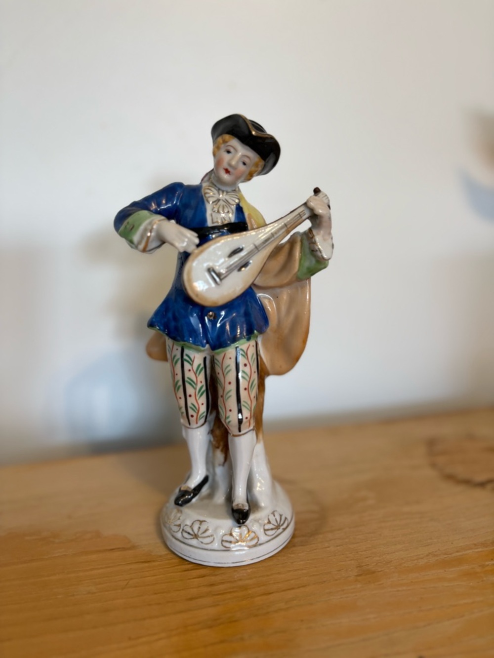 Vintage Japanese Figurine Man with Mandolin Blue Coat Decorative Statue